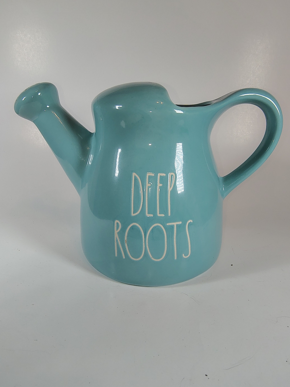 Rae Dunn DEEP ROOTS Watering Can Planter Vase Aqua Blue Artisan Collection NWOT